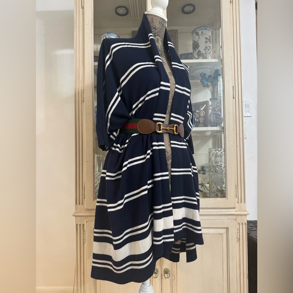 Ralph Lauren Silk Cashmere Long Wrap Cardigan Sweater Navy Ivory Stripe Large